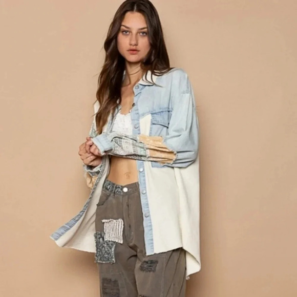 New! POL Oversized Contrast Denim Ivory Fabric Panels Button Down Shacket M - Picture 12 of 13